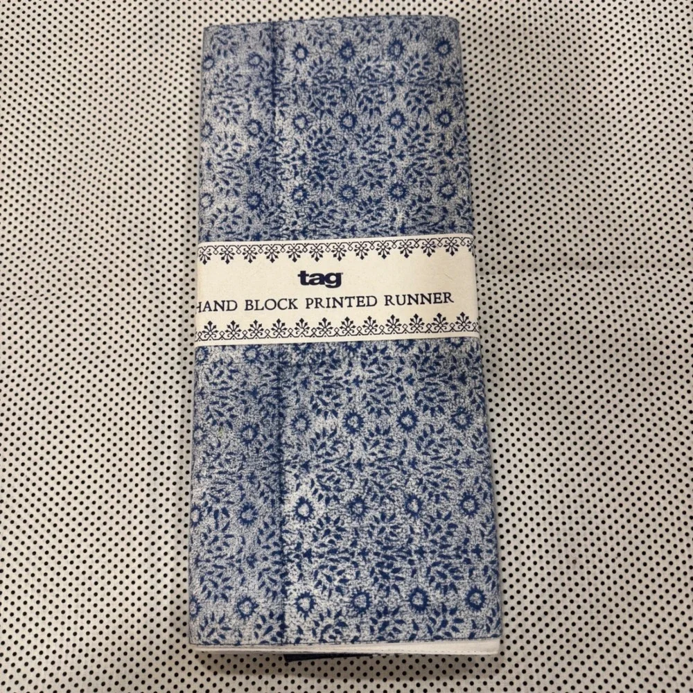 Tag Hand Block Printed Table Runner Blue White Floral 100% Cotton 14.5x72 Jaipur